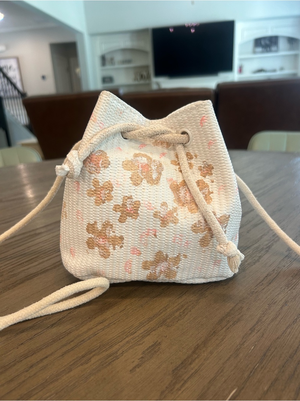 Cream Floral Drawstring Crossbody Bucket Bag